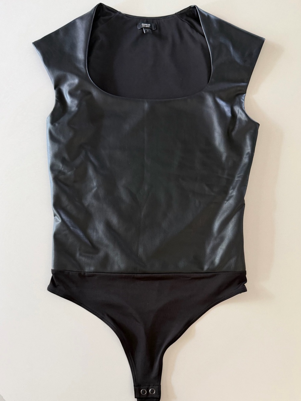 Express Black Faux Leather Scoop Neck Cap Sleeve Bodysuit